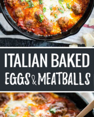 These Italian Baked Eggs and Meatballs are the BEST comfort food! Easy homemade meatballs and sunny side up eggs are simmered in a smooth marinara sauce - a delicious brunch dish that makes a great dinner, too.