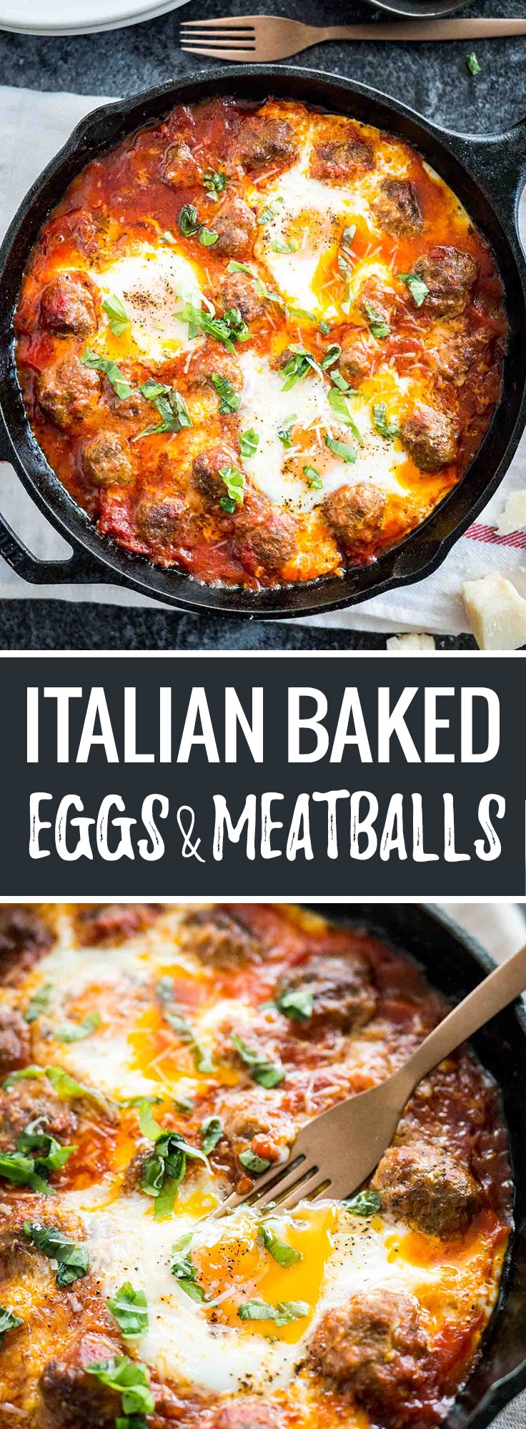 These Italian Baked Eggs and Meatballs are the BEST comfort food! A delicious, easy brunch dish that makes a great satisfying dinner, too.