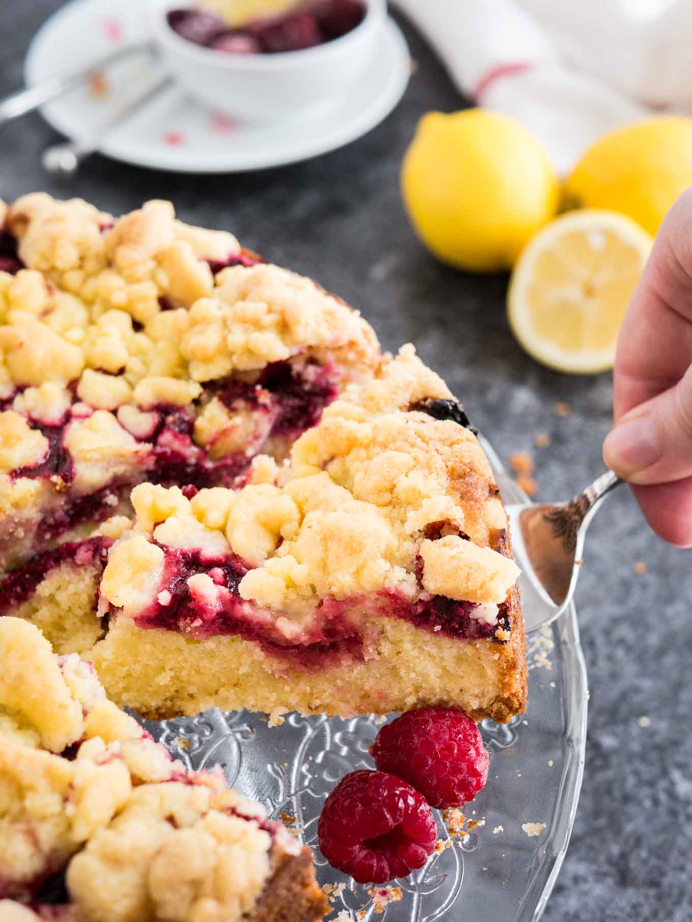 Easy Lemon Raspberry Cake with Crumb Topping | Plated Cravings