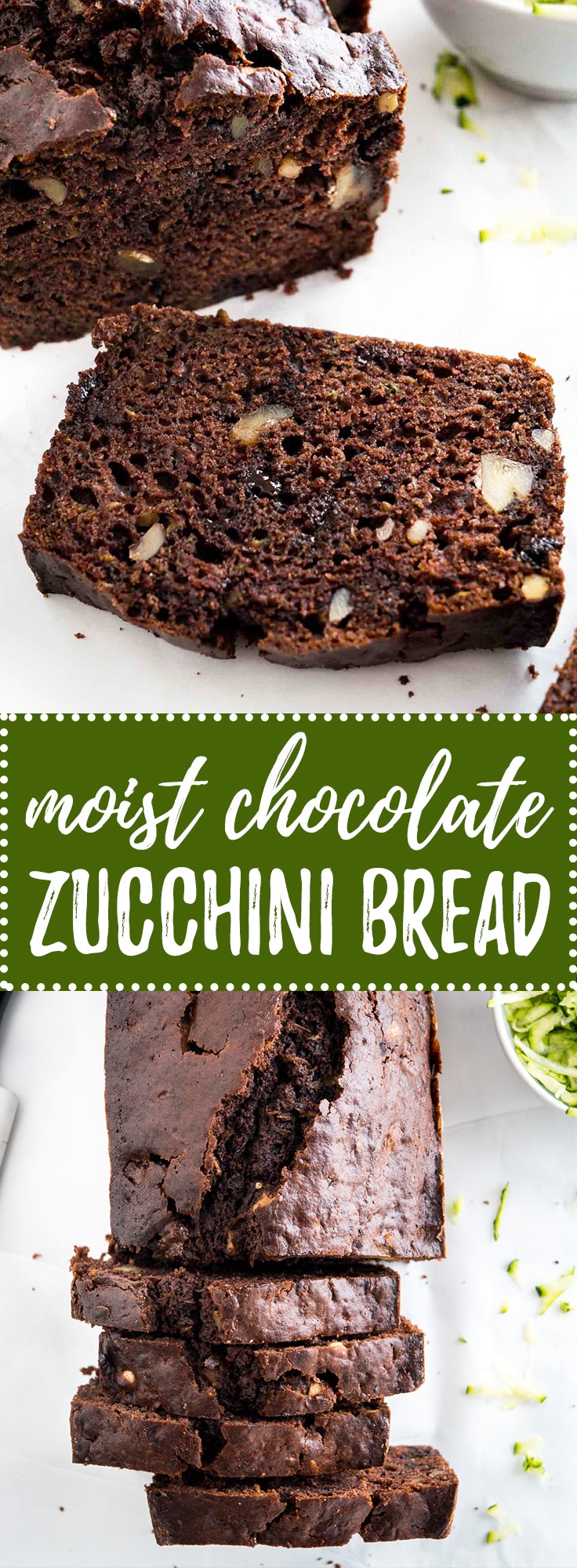 This moist Chocolate Zucchini Bread has a tender crumb and is super chocolatey! Loaded with walnuts and chocolate this easy recipe is so delicious and rich. A great way to use up all those zucchinis from your garden!