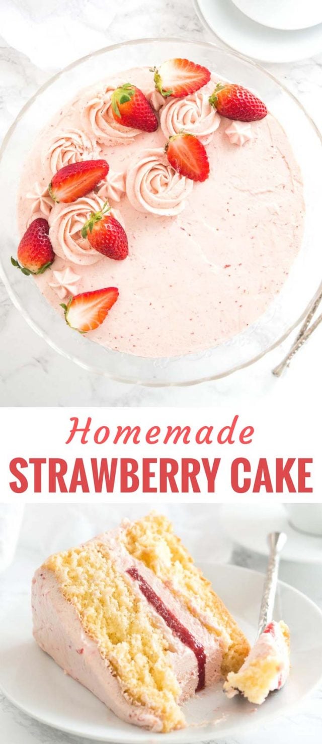 Two images with text: Homemade strawberry cake, top: top-down shot of strawberry cake, bottom: A slice of strawberry cake on a plate.