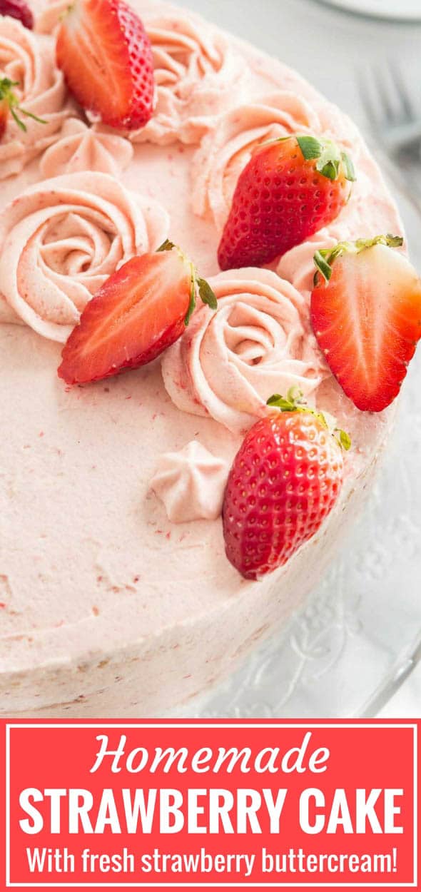 This homemade Strawberry Cake Recipe is bursting with fresh strawberry flavor and made completely from scratch! Layers of soft and fluffy vanilla cake filled with a strawberry buttercream and a layer of fresh strawberry filling. A perfect cake for spring and summer! #strawberrycake #cakefromscratch #strawberry #strawberries #layercake
