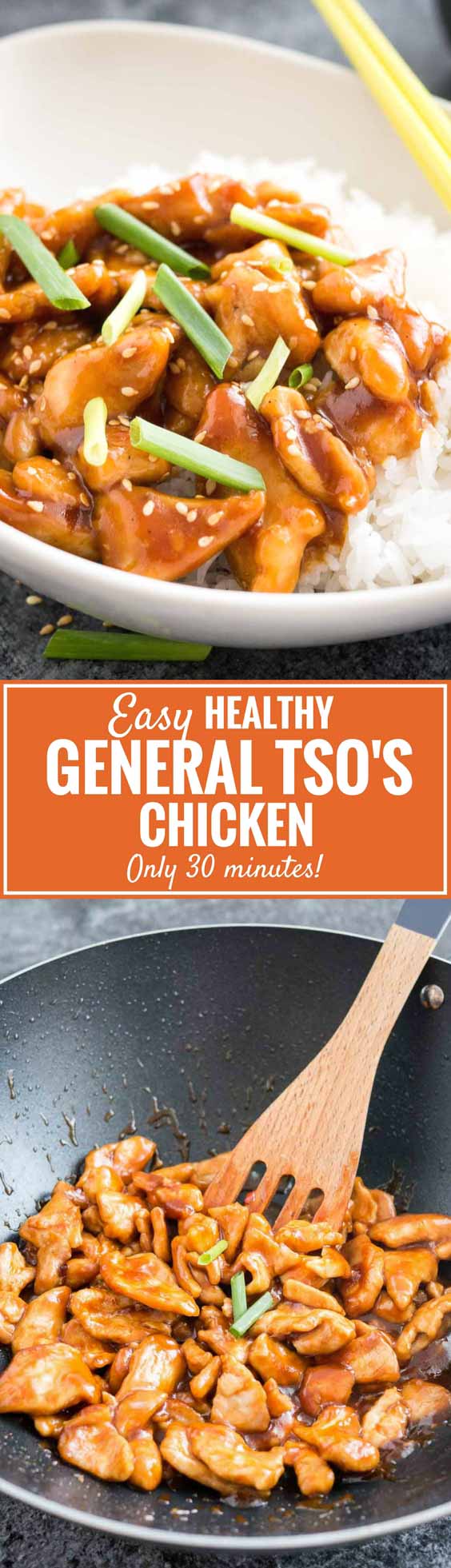 General Tso's Chicken is one of the most popular Chinese Food takeout dishes that is sweet, slightly spicy, and so easy to make at home! This healthier version made without breading has fewer calories but tastes as delicious as the fried original. Ready in less than 30 minutes and only 207 kcal per serving! #generaltsos #chinesefood #chicken #dinner #healthy #recipe