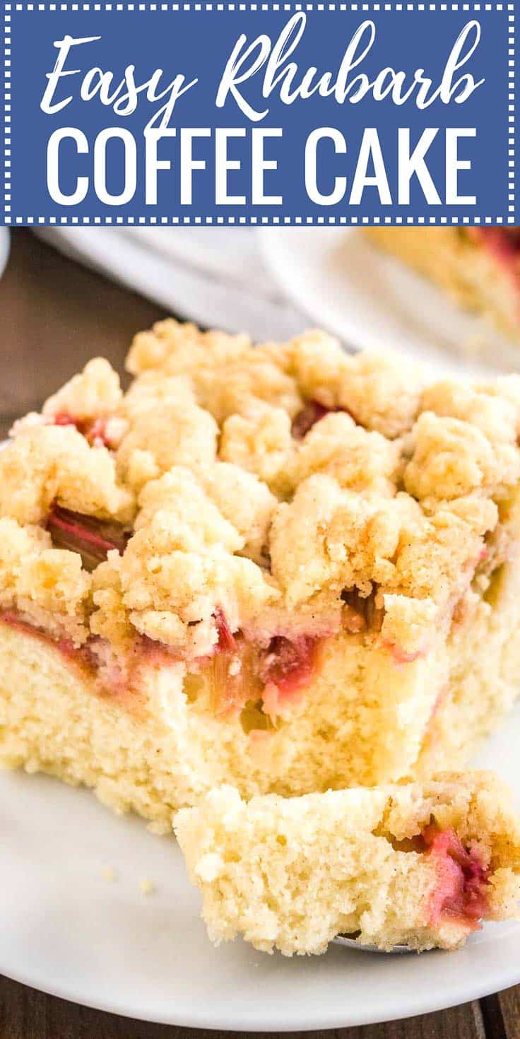 Image with text: easy rhubarb coffee cake, image: Close-up of a rhubarb coffee cake on a white plate with a piece taken out.