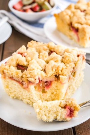 Rhubarb Coffee Cake is topped with cookie-like streusel and every bite is studded with juicy rhubarb! An easy-to-make sheet cake that’s not too sweet and not too tangy, just delicious.