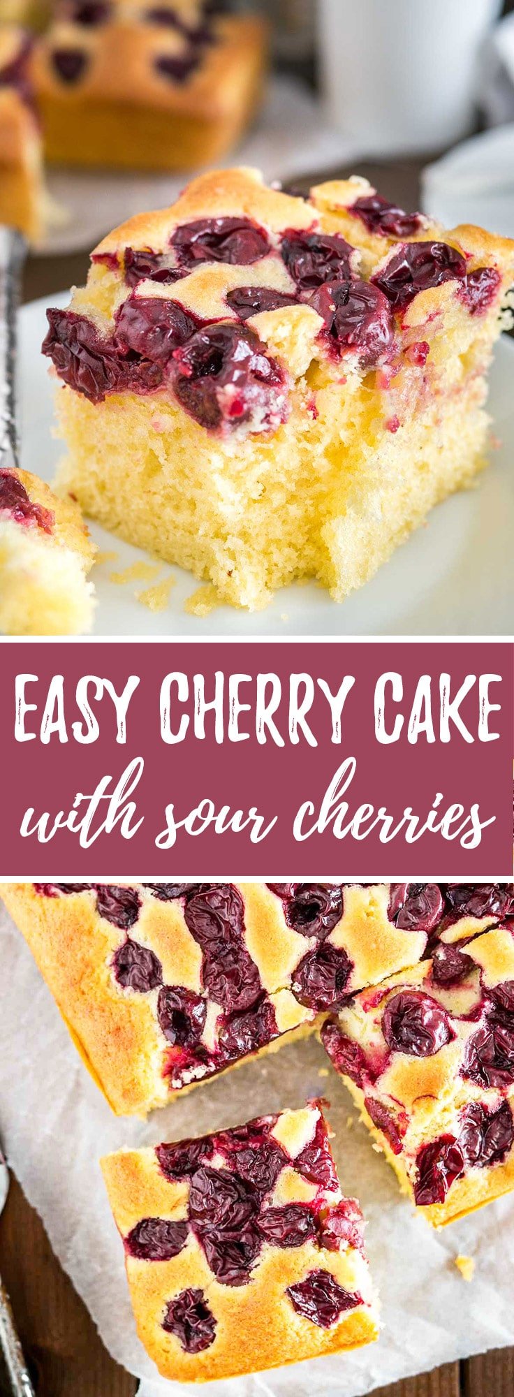 Cherry Cake with sour cherries and vanilla is a simple snack cake that tastes delicious and is so easy to make in less than 10 minutes. Perfect for surprise guests and dessert cravings! #cherrycake #cherries #cake #coffeecake #easyrecipes #baking