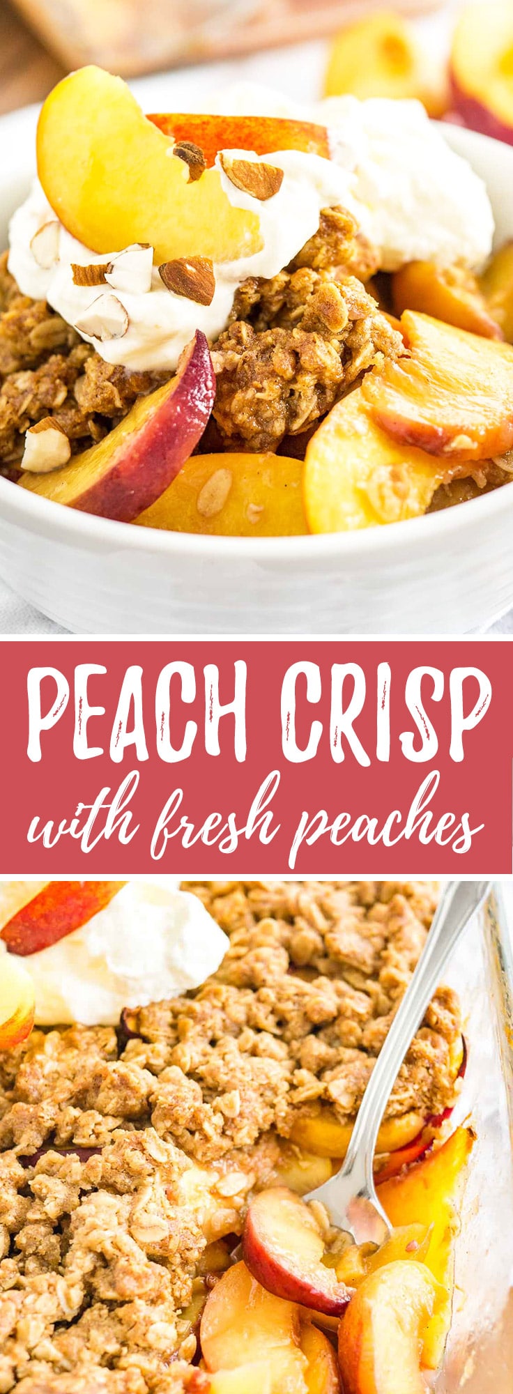 Peach Crisp is made with fresh peaches and topped with a crunchy oatmeal brown sugar streusel! This easy summer dessert is the ultimate comfort food.