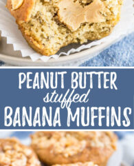 Peanut Butter Banana Muffins have a surprise inside and are so fluffy and moist. These easy banana muffins are filled with creamy peanut butter and topped with caramelized peanuts.
