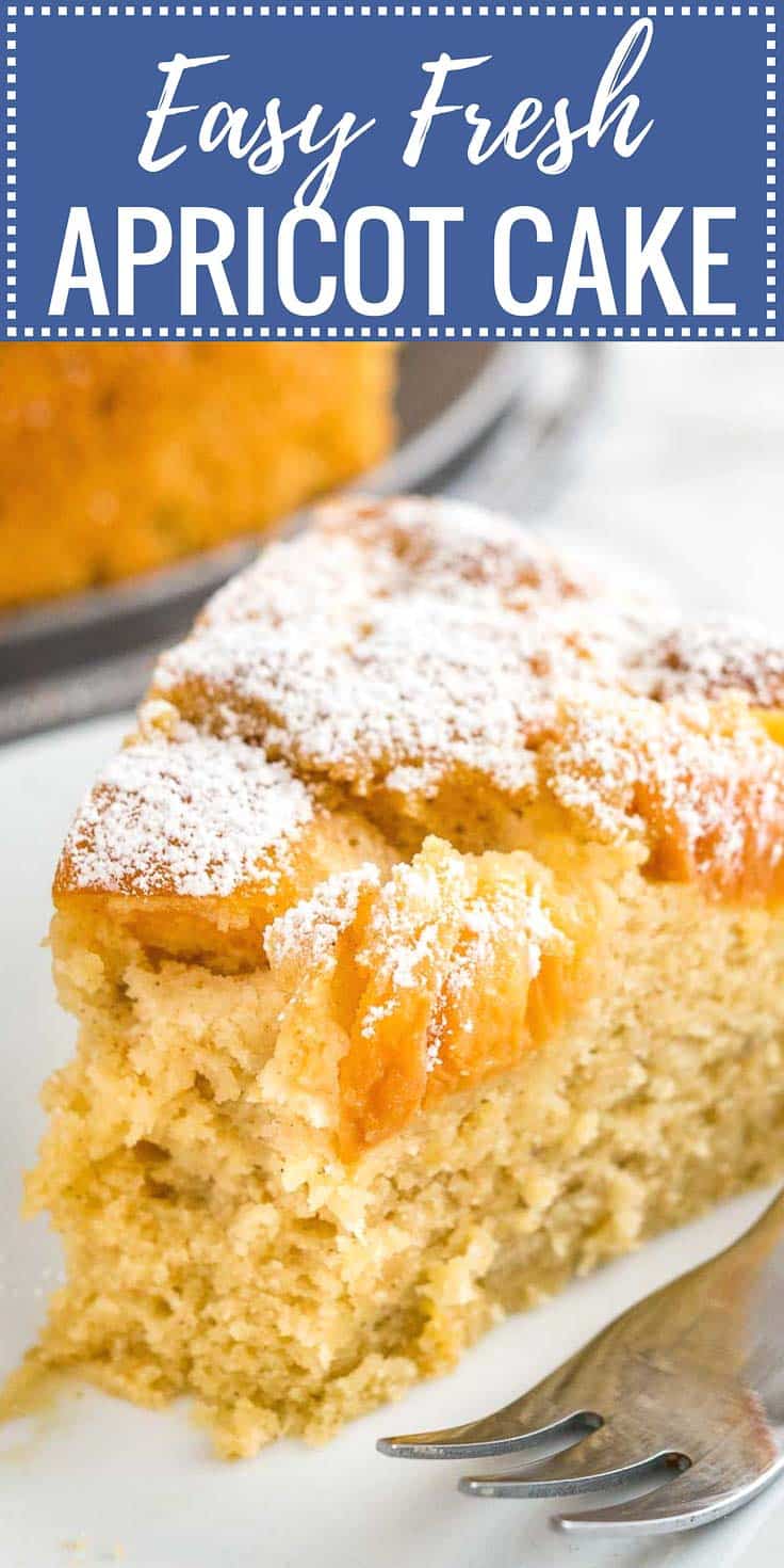 Image with text: easy fresh apricot cake, image: Close-up of a slice of apricot cake on a white plate with a fork. The rest of the cake is in the background next to a white and blue dishtowel.