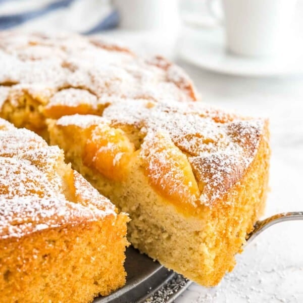 An apricot cake on a springform bottom. A cake server is lifting out a piece and there are white coffee cups in the background.