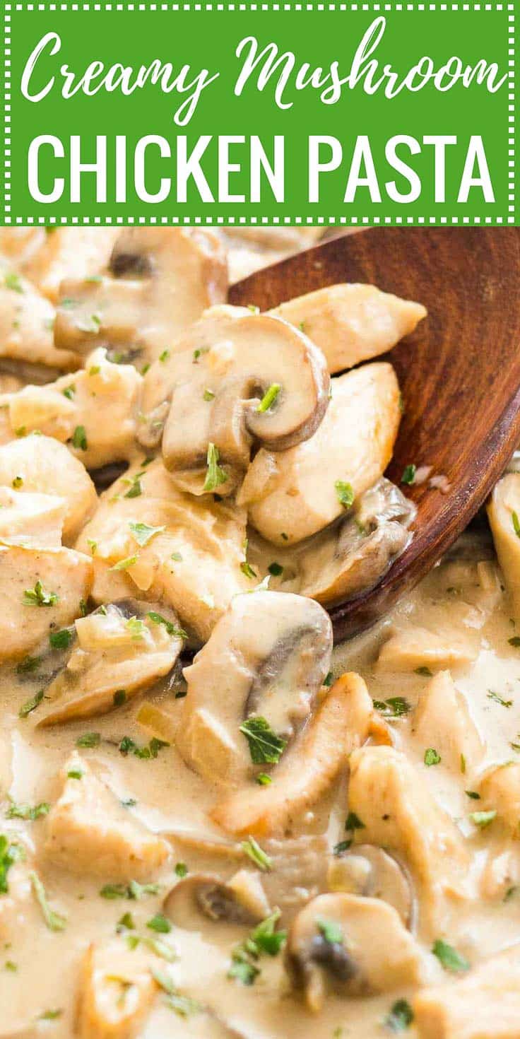 Close-up of Mushroom Chicken Pasta sauce with cream with a wooden cooking spoon in it, garnished with parsley
