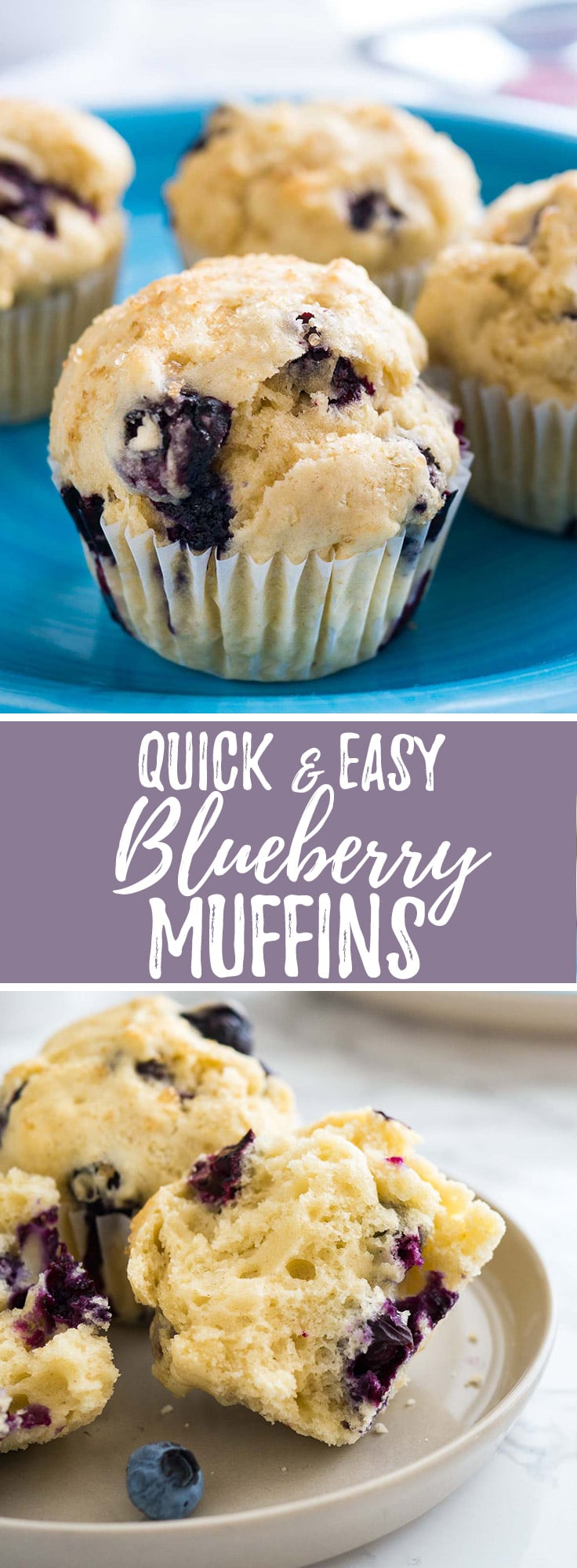 Easy Blueberry Muffins are super quick and simple to make from scratch! These bakery style muffins are bursting with fresh blueberries and are perfect for breakfast or brunch.