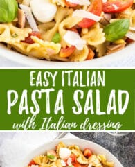 Pasta Salad with Italian Dressing is a must make for any occasion! A summer classic loaded with cherry tomatoes, pine nuts, Italian ham, mozzarella, and fresh basil. Perfect side dish for BBQ parties, potlucks, or as a quick weeknight meal!