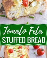 Tomato Feta Stuffed French Bread is so easy to make and bursting with fresh flavors! This is the ultimate appetizer for your next party!