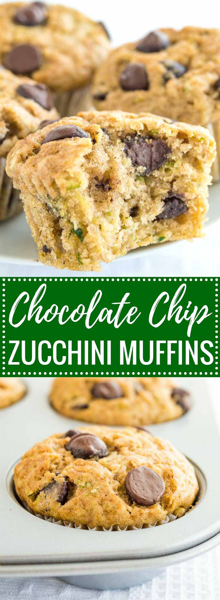 Two images with text: Chocolate chip zucchini muffins, top: Close up of zucchini chocolate chip muffins on a white plate. The frontmost muffin has had a big bite taken out of it. Bottom: A grey muffin pan with zucchini chocolate chip muffins.