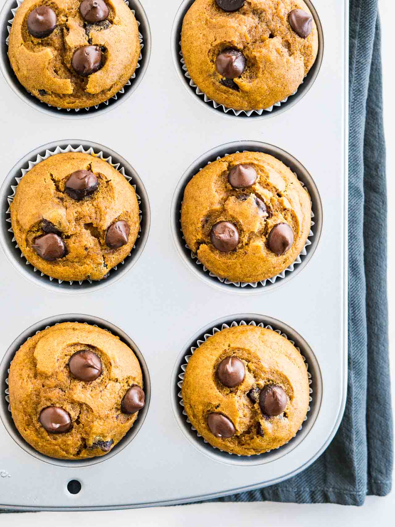 Top-down shot of a grey muffin pan with baked pumpkin chocolate chip muffins on a grey dishtowel.
