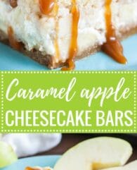 Easy Caramel Apple Cheesecake Bars have three delicious layers and are a perfect fall dessert! A graham cracker crust topped with a creamy cheesecake layer loaded with cinnamon spiced apples and cookie-like streusel and salted caramel on top.