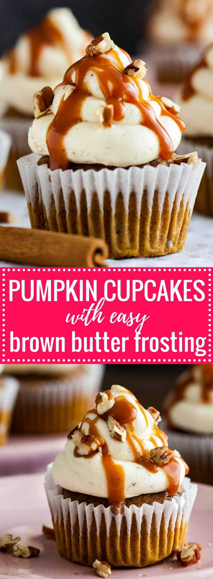 These Pumpkin Cupcakes are a must-bake this fall! Perfectly spiced pumpkin cupcakes topped with an easy brown butter frosting and drizzled with salted caramel sauce. A great dessert for Thanksgiving but also for every cozy autumn day!