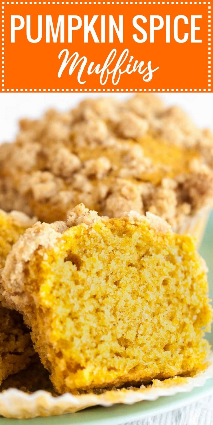 Image with text: Pumpkin spice muffins, image: Close-up of a halved pumpkin spice muffin leaning against a pumpkin spice muffin topped with streusel on a teal plate.