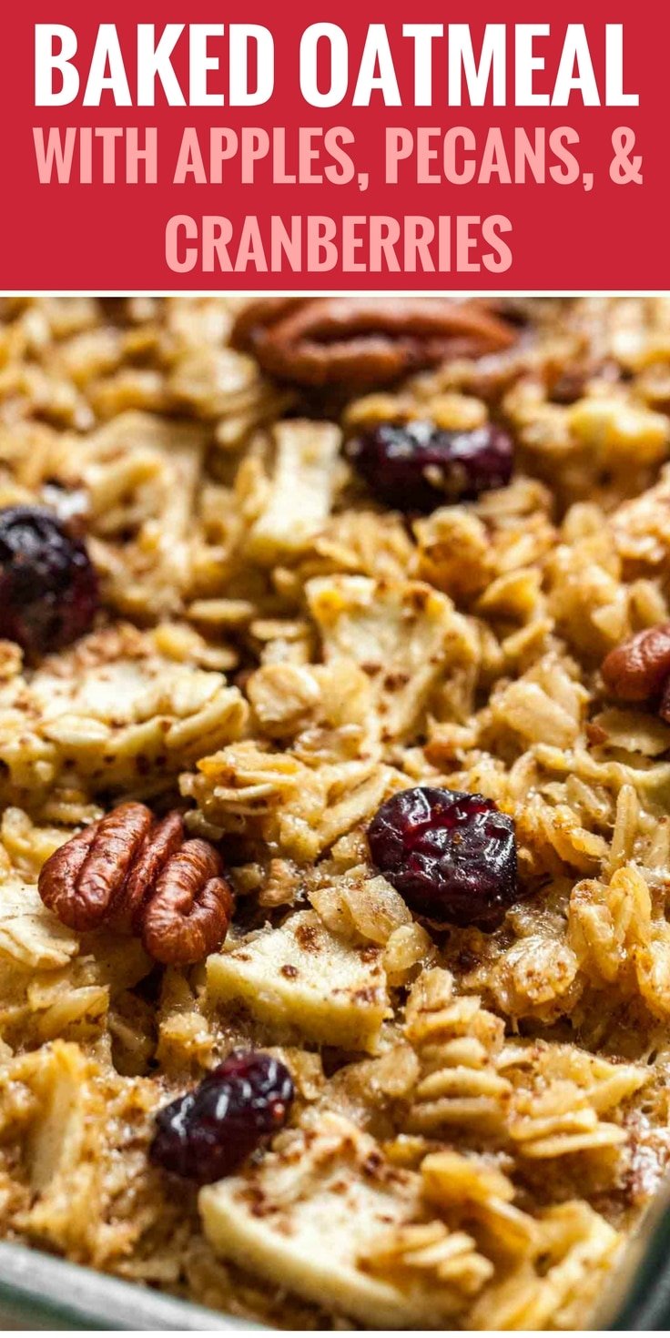 Image with text: Baked oatmeal with apples, pecans and cranberries, image: Close-up baked oatmeal with apples, pecans and cranberries.