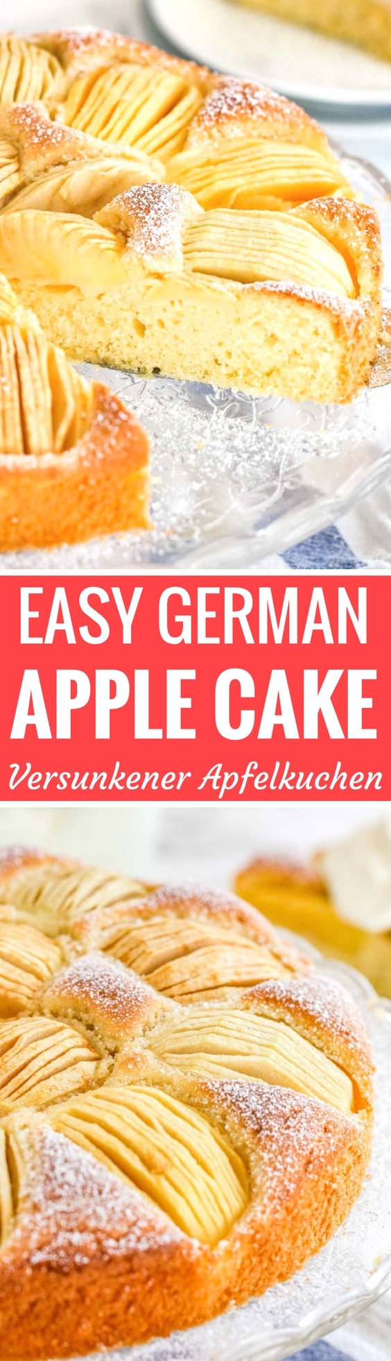 German Apple Cake (Versunkener Apfelkuchen) is a traditional German cake that is so easy to make even if you aren’t totally kitchen confident! With a simple batter that rises up and bakes around the apples this easy coffee cake is the perfect fall dessert that tastes best with a dollop of whipped cream on top.