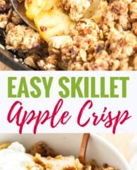 Skillet Apple Crisp is hard to resist! Perfectly cooked apples and a crunchy brown sugar oatmeal topping come together in this easy and flavorful recipe that is always a hit. This apple crumble topped with a big scoop of vanilla ice cream will become your favorite fall dessert!