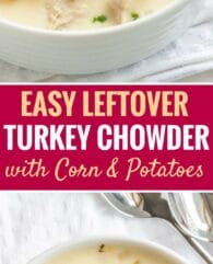 Creamy Leftover Turkey Soup with Potatoes and Corn is a rich and hearty chowder that's perfect for using leftovers from Thanksgiving! This easy warming recipe comes together in less than 30 minutes and is sure to be a family favorite.