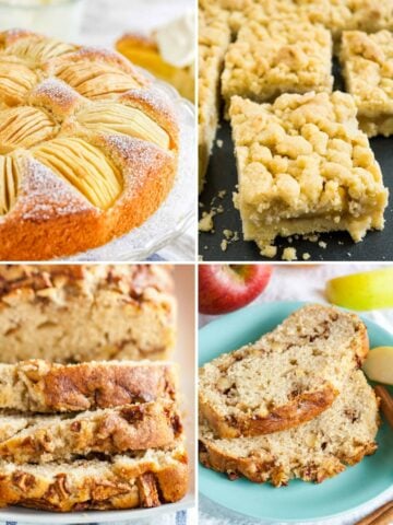 Four images, top left: german apple cake, top right: apple sheet cake with streusel topping, bottom left: apple cinnamon bread, bottom right: apple cinnamon bread slices on a blue plate.