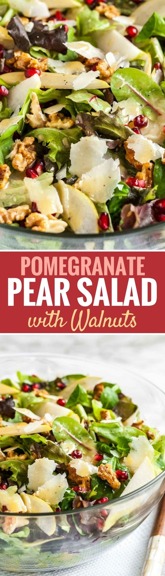Pomegranate Pear Salad with Walnuts is loaded with flavors and would be a delicious addition to your Holiday dinner table! A vibrant salad full of different textures that is easy to whip up and makes every dinner special. #autumnsalad #salad #thanksgivingrecipes #pearsalad