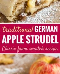 Apple Strudel is much easier to make from scratch than you think and tastes amazing dusted with powdered sugar! Everyone will love this traditional Apfelstrudel that has a flaky crust and is filled with juicy spiced apples.