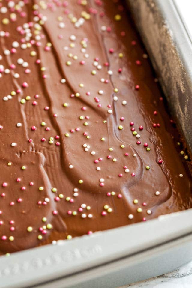A baking pan with chocolate topped spice cake.