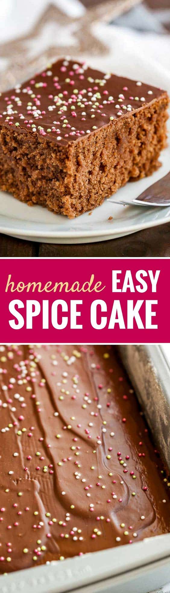 This easy Spice Cake Recipe is an old family recipe and makes your house smell amazing! A moist and chocolatey spiced sheet cake made with holiday spices that is easy to make from scratch and tastes even better on the next day. #spicecakes #sheetcakes #easycakerecipes #gingerbreadspice #spicecakerecipes