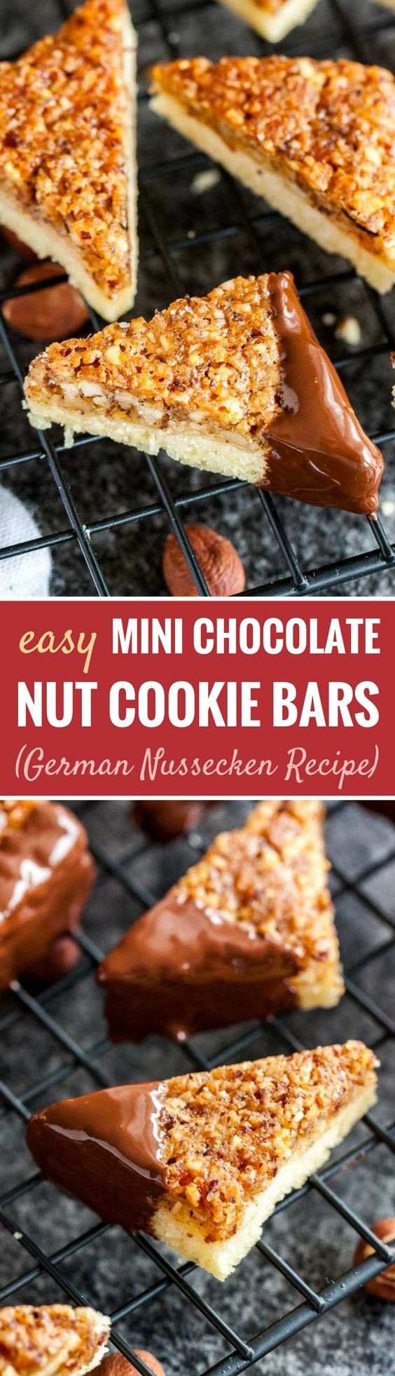 Nut Corners are called Nussecken in Germany and make a delicious addition to your cookie platter! Made with buttery shortbread, a sweet apricot jam layer, and a caramelized hazelnut topping, these mini nut bars are a favorite of my husband and a hit all year round. #nussecken #bars #christmascookies #cookies #nutcookies #germanrecipes