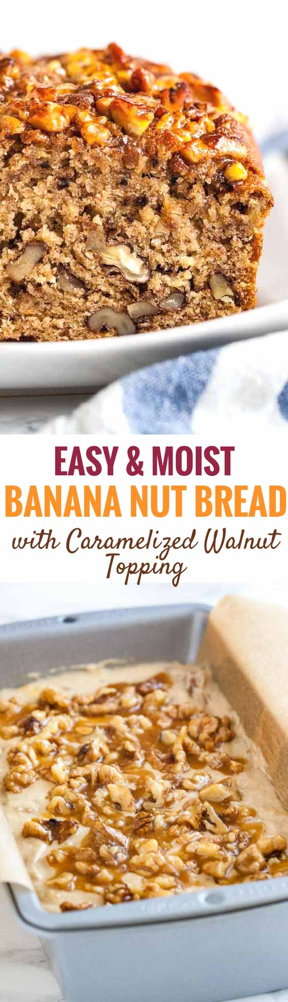 This easy banana nut bread is so moist and delicious! Topped with caramelized nuts and loaded with walnuts and mashed bananas my easy banana bread recipe is a family favorite that tastes great for breakfast or as a snack. A perfect way to use overripe bananas! #bananabread #banananutbread #bananarecipes #bananas #bread #breakfastrecipes