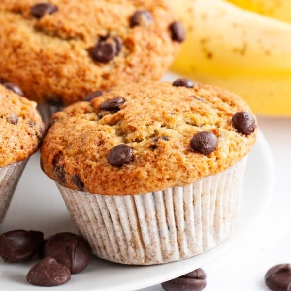 A banana chocolate chip muffin on a white plate.