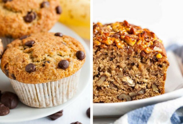 Two images, left: Banana Chocolate Chip Muffins, right: Banana Nut Bread