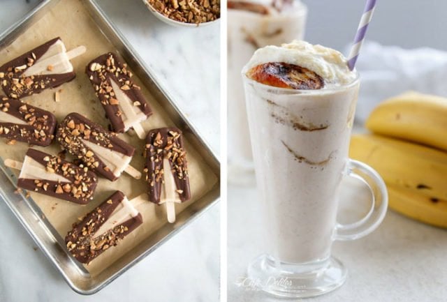 Two images, left: Banana Coconut Ice Pops, right: Banana Cream Pie Breakfast Smoothie
