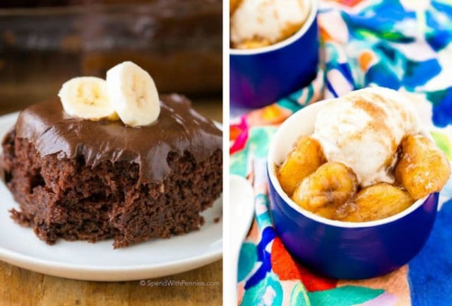 Two images, left: Chocolate Banana Cake, right: Bananas Foster