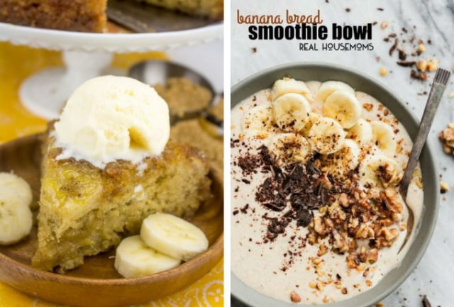 Two images, left: Banana Upside-Down Cake, right: Banana Bread Smoothie Bowl 