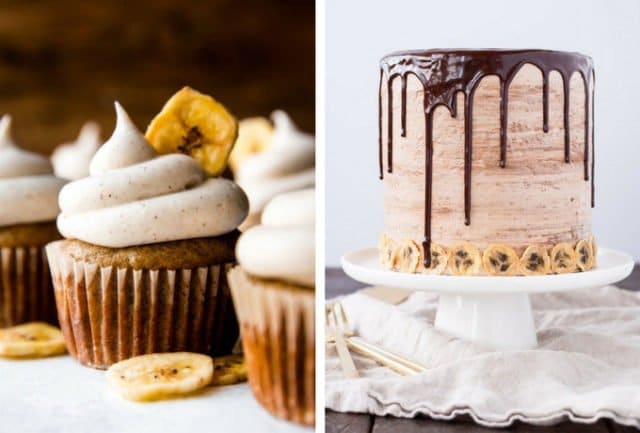 Two images, left: banana cupcakes, right: Banana Nutella Cake