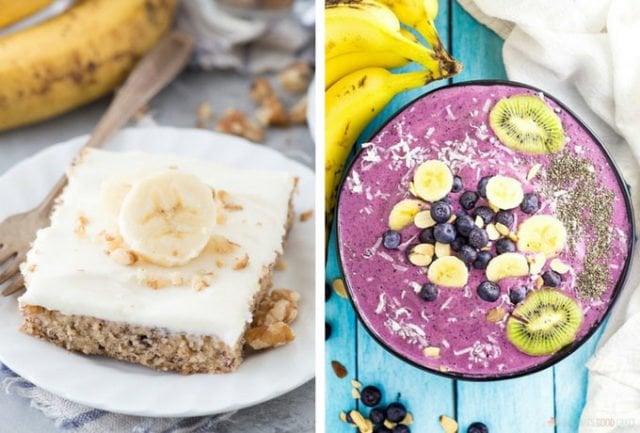 Two images, left: Banana Nut Bars, right: Blueberry Banana Smoothie Bowl