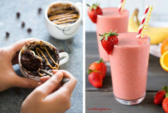 Two images, left: Banana Chocolate Peanut Butter Mug Cake, right: Strawberry Banana Orange Power Smoothie