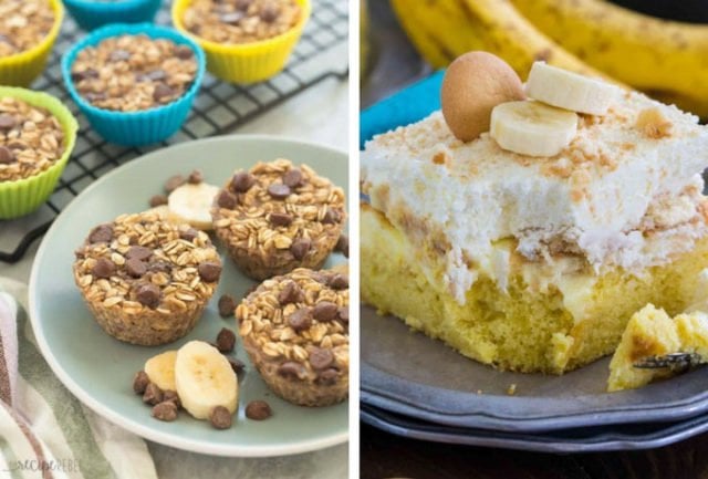 Two images, left: Banana Chocolate Chip Baked Oatmeal Cups, right: Banana Pudding Poke Cake