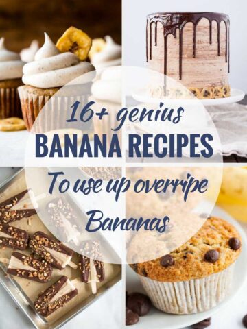 A collage with text: 16+ genius banana recipes to use up overripe bananas with pictures of muffins, a banana chocolate cake and banana chocolate-dipped popsicles.