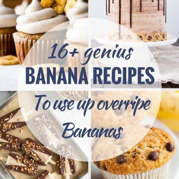 A collage with text: 16+ genius banana recipes to use up overripe bananas with pictures of muffins, a banana chocolate cake and banana chocolate-dipped popsicles.