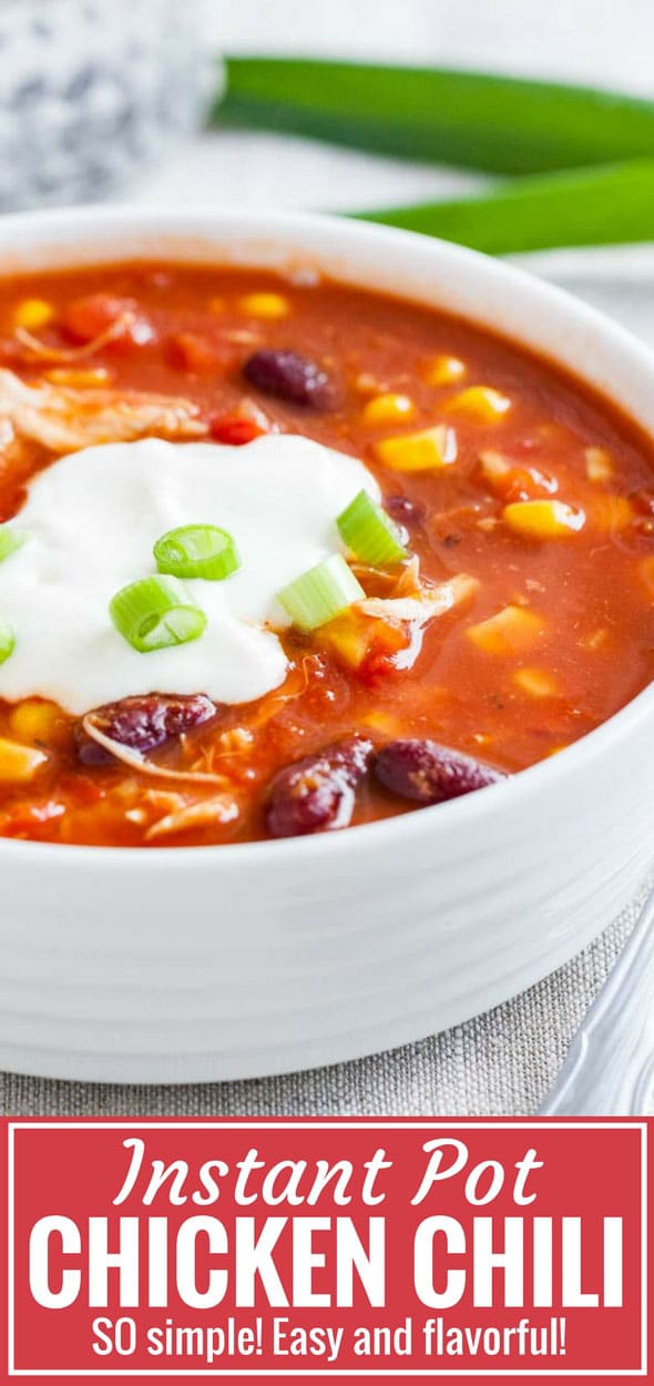 Instant Pot Chicken Chili is so easy and quick to make but loaded with flavor! This easy pressure cooker recipe comes together in minutes and makes a delicious weeknight dinner that your whole family will love. A healthy recipe that can be made with frozen chicken and pantry staples! #InstantPotRecipes #ChickenChili #PressureCooker #ChiliRecipes #CrockPotChickenChili