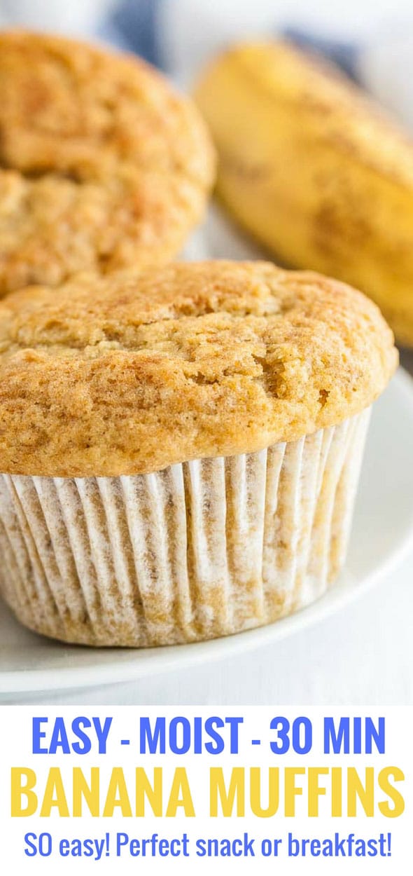 These easy Banana Muffins come together quickly and have a tender and moist crumb that makes these muffins a family favorite in our house! They bake up tall with bakery-style muffin tops and have the most delicious natural banana flavor. A quick and simple recipe to use up ripe bananas! #bananamuffins #bakingrecipes #ripebananarecipes #muffins #foodblogger