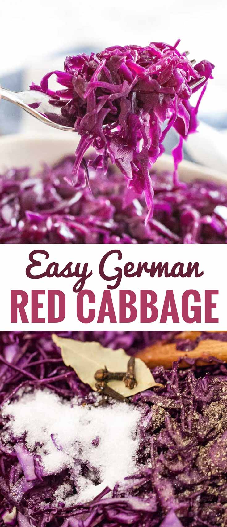 German Red Cabbage (Rotkohl) is a popular German side dish that is very easy to make from scratch! It tastes so aromatic with a distinctive sweet and sour flavor and makes a perfect side for a roast dinner together with spaetzle or potato dumplings. This recipe for braised red cabbage with apples is a family favorite! #rotkohl #blaukraut #Oktoberfest #RedCabbage #GermanSideDishes #EasySideDishes #GermanRecipes