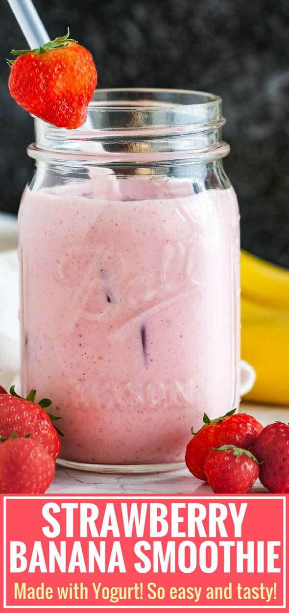 Strawberry Banana Yogurt Smoothie is so creamy, thick, and delicious! A filling frozen fruit smoothie that tastes great for breakfast but also makes a tasty and healthy snack in the afternoon. Made with frozen strawberries, bananas, and yogurt, this refreshing drink recipe is my favorite easy go-to breakfast in the summer! #SmoothieRecipe #StrawberryBananaSmoothie #Strawberries #Yogurt #FrozenSmoothie #HealthySmoothie #Breakfast