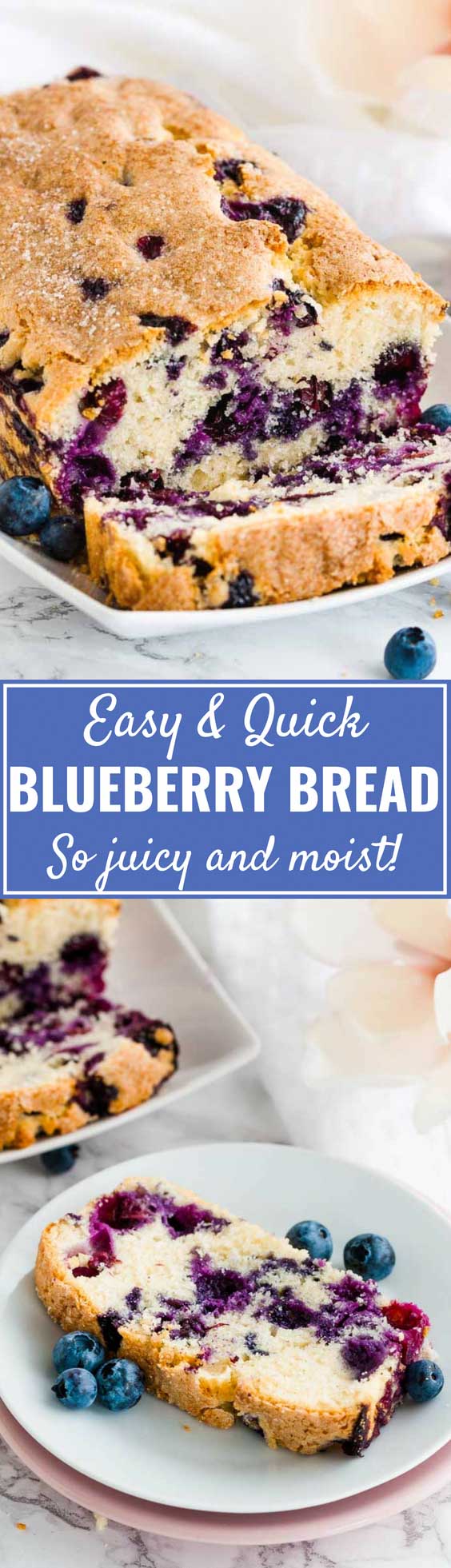 Blueberry Bread is super easy and quick to make from scratch! This moist quick bread is loaded with fresh blueberries and topped with a sprinkle of sugar for some crunch. A perfect quick breakfast for busy mornings that the whole family will love! #blueberrybread #blueberryquickbread #quickbread #blueberryrecipes #breakfastrecipes #blueberries
